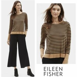 Eileen Fisher women M round neck sweater silk blend preppy striped french career